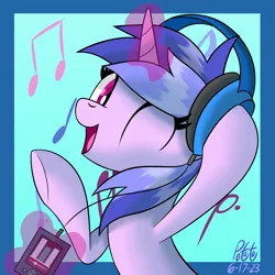 Size: 2000x2000 | Tagged: safe, artist:notadeliciouspotato, derpibooru import, sea swirl, seafoam, pony, unicorn, abstract background, atg 2023, blue background, bust, female, gradient background, headphones, high res, image, magic, mare, mp3 player, newbie artist training grounds, one eye closed, open mouth, open smile, png, raised hoof, signature, simple background, smiling, solo, telekinesis, wink