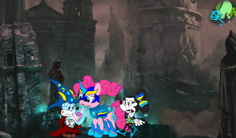 Size: 1166x685 | Tagged: safe, artist:fanvideogames, derpibooru import, pinkie pie, pony, armor, armored pony, baby, baby pony, disney, female, image, jpeg, male, mickey mouse, minnie mouse