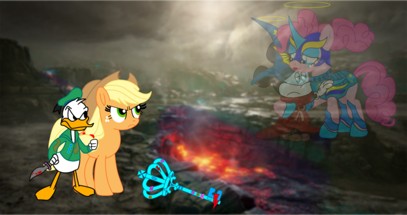 Size: 1230x649 | Tagged: safe, artist:fanvideogames, derpibooru import, applejack, pinkie pie, angry, crying, disney, donald duck, female, image, male, mickey mouse, png