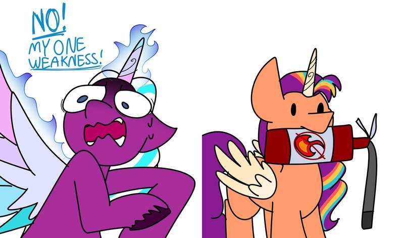 Size: 2040x1200 | Tagged: safe, artist:feather_bloom, derpibooru import, sunny starscout, alicorn, pony, g5, my little pony: a new generation, duo, female, fire extinguisher, image, jpeg, mare, mouth hold, opaline arcana, open mouth, race swap, scared, simple background, sunnycorn, unshorn fetlocks, white background