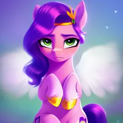 Size: 1024x1024 | Tagged: safe, derpibooru import, machine learning generated, stable diffusion, pipp petals, pegasus, pony, g5, ai content, both cutie marks, coat markings, colored hooves, derpibooru exclusive, diadem, female, frown, generator:pony diffusion v4, gold hooves, headband, hooves, image, jewelry, jpeg, looking at you, mare, prompter:siber, regalia, sad, socks (coat marking), solo, spread wings, unshorn fetlocks, wings