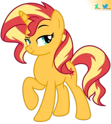 Size: 6600x7369 | Tagged: safe, artist:kuren247, derpibooru import, sunset shimmer, pony, unicorn, equestria girls, equestria girls 10th anniversary, eyebrows, female, horn, image, looking at you, mare, orange fur, png, raised eyebrow, raised hoof, show accurate, simple background, solo, transparent background, vector