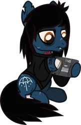 Size: 833x1285 | Tagged: safe, artist:lightningbolt, derpibooru import, oc, ponified, ponified:oliver sykes, earth pony, pony, undead, zombie, zombie pony, .svg available, bags under eyes, bloodshot eyes, bone, bring me the horizon, clothes, derpibooru exclusive, fangs, frown, hoof hold, image, lidded eyes, lip piercing, long sleeves, looking down, male, piercing, png, scar, sega game gear, show accurate, simple background, sitting, solo, stallion, stitches, tattoo, torn ear, transparent background, vector, video game