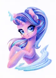 Size: 857x1200 | Tagged: safe, artist:maytee, derpibooru import, starlight glimmer, pony, unicorn, bust, colored pencil drawing, image, magic, png, portrait, simple background, smiling, solo, traditional art, white background