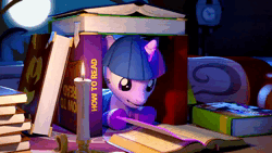 Size: 1280x720 | Tagged: safe, artist:spectre-z, derpibooru import, daring do, twilight sparkle, pony, unicorn, journal of the two sisters, 3d, animated, bed, book, book fort, candle, clothes, cute, dark, female, golden oaks library, image, interior, library, loop, lying, lying down, magic, mare, night, prone, reading, socks, solo, striped socks, twiabetes, unicorn twilight, webm, window