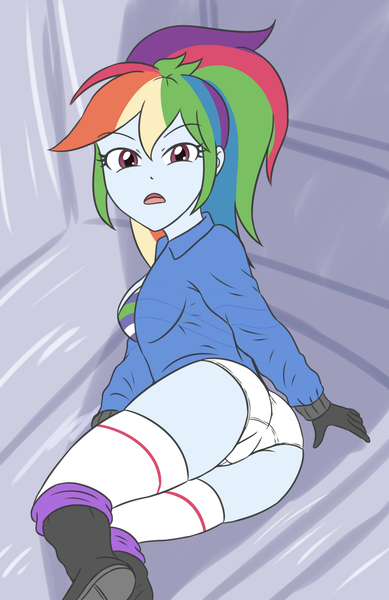 Size: 1799x2775 | Tagged: suggestive, artist:sumin6301, derpibooru import, edit, rainbow dash, equestria girls, black gloves, black shoes, blue jacket, butt, clothes, image, lying down, png, rainbutt dash, seductive, side, simple background, socks, sports panties, stupid sexy rainbow dash, underwear, white panties, white socks, white underwear