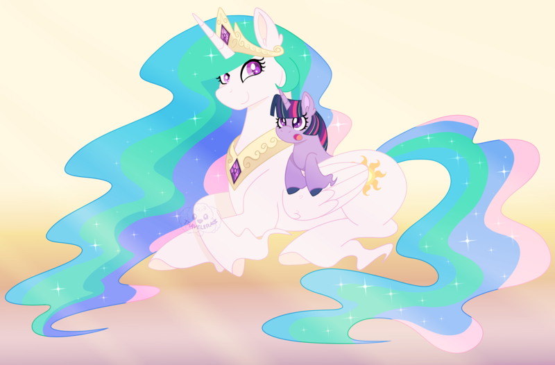Size: 3244x2131 | Tagged: safe, artist:katsuforov-chan, derpibooru import, princess celestia, twilight sparkle, alicorn, pony, unicorn, alternate hairstyle, colored pupils, crepuscular rays, crossed legs, crown, cute, cutelestia, digital art, duo, duo female, ear fluff, ethereal mane, ethereal tail, female, filly, filly twilight sparkle, flowing mane, flowing tail, folded wings, high res, hooves, image, jewelry, lying down, mare, momlestia, open mouth, peytral, png, prone, rainbow power, regalia, simple background, smiling, sparkles, starry mane, starry tail, tail, twiabetes, unicorn twilight, unshorn fetlocks, watermark, wide eyes, wings, younger