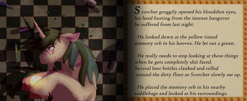 Size: 1024x420 | Tagged: semi-grimdark, artist:shirofluff, derpibooru import, oc, oc:scorcher, ghoul, pony, undead, unicorn, fallout equestria, fanfic, alcohol, canterlot ghoul, checkered background, comic, drugs, image, jpeg, memory orb, needles, scar, solo, storybook
