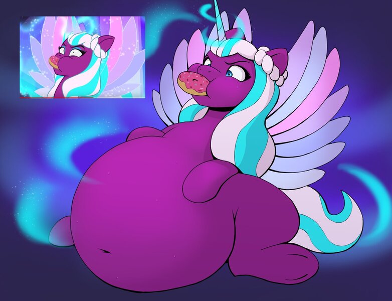 Size: 1465x1124 | Tagged: questionable, artist:ahobobo, derpibooru import, alicorn, pony, g5, my little pony: tell your tale, belly, belly button, big belly, donut, eating, fat, female, food, image, jpeg, magic, mare, obese, opaline arcana, scene interpretation, screencap reference, sitting, solo, stuffed, stuffed belly, stuffing