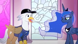 Size: 1280x720 | Tagged: safe, artist:mlp-silver-quill, derpibooru import, princess luna, oc, oc:silver quill, after the fact, after the fact:lovable luna, baseball cap, canterlot castle, cap, clothes, crown, hat, image, inner fan, jewelry, luna is not amused, peytral, png, regalia, shirt, this will end in a trip to the moon, unamused