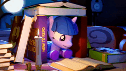 Size: 1280x720 | Tagged: safe, artist:spectre-z, derpibooru import, editor:magnumfolf, daring do, twilight sparkle, pony, unicorn, journal of the two sisters, 3d, animated, bed, book, book fort, candle, clothes, cute, dark, female, golden oaks library, image, interior, library, loop, lying, lying down, magic, mare, night, prone, reading, socks, solo, striped socks, twiabetes, unicorn twilight, webm, window
