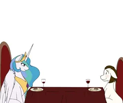Size: 1500x1250 | Tagged: safe, artist:silverfox057, derpibooru import, princess celestia, oc, oc:rough seas, alicorn, earth pony, pony, alcohol, blushing, chair, food, glass, image, nervous, pasta, pizza, png, simple background, table, tablecloth, white background, wine, wine glass