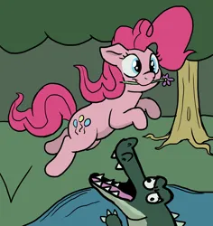 Size: 3768x3996 | Tagged: safe, artist:doodledonutart, derpibooru import, pinkie pie, crocodile, earth pony, pony, atg 2023, female, flower, flower in mouth, forest, high res, image, jumping, mare, mouth hold, newbie artist training grounds, png, smiling, solo, tree