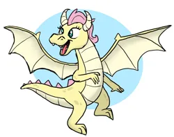 Size: 2516x1988 | Tagged: safe, artist:doodledonutart, derpibooru import, fluttershy, dragon, atg 2023, dragon wings, dragoness, dragonified, female, flutterdragon, high res, image, newbie artist training grounds, open mouth, open smile, png, simple background, smiling, solo, species swap, spread wings, white background, wings