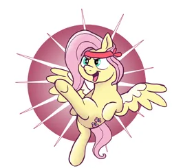 Size: 3216x3148 | Tagged: safe, artist:doodledonutart, derpibooru import, fluttershy, pegasus, pony, atg 2023, bipedal, cute, female, headband, high kick, image, kicking, mare, newbie artist training grounds, open mouth, open smile, png, shyabetes, simple background, smiling, solo, spread wings, standing, standing on one leg, white background, wings