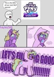 Size: 2116x3016 | Tagged: safe, artist:hayley566, derpibooru import, starlight glimmer, oc, oc:hay meadow, unofficial characters only, pony, unicorn, g5, my little pony: make your mark, leak, 2023 marketing plans, female, hasbro, hype, image, logo, mare, mobile phone, my little pony logo, my little pony: make your mark chapter 6, onesie, open mouth, phone, png, pony history, secrets of starlight, smartphone, solo, vulgar