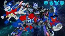 Size: 1191x671 | Tagged: safe, artist:fanvideogames, derpibooru import, pinkie pie, pony, angry birds, female, image, jpeg, male, mare, mickey mouse, optimus prime, transformers