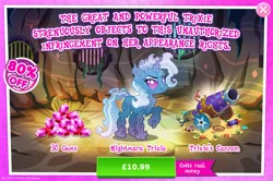 Size: 1957x1301 | Tagged: safe, derpibooru import, official, trixie, advertisement, cannon, costs real money, english, female, gameloft, gem, horn, image, jpeg, mobile game, my little pony: magic princess, nightmare creature, nightmare forces, numbers, sale, solo, solo focus, text