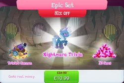 Size: 1266x857 | Tagged: safe, derpibooru import, official, trixie, bundle, cannon, costs real money, english, female, gameloft, gem, horn, image, jpeg, mobile game, my little pony: magic princess, nightmare creature, nightmare forces, numbers, sale, solo, solo focus, text