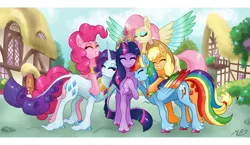 Size: 1920x1112 | Tagged: safe, artist:mesuyoru, derpibooru import, applejack, fluttershy, pinkie pie, rainbow dash, rarity, twilight sparkle, classical unicorn, earth pony, pegasus, pony, unicorn, magical mystery cure, cloven hooves, colored wings, colored wingtips, element of generosity, element of honesty, element of kindness, element of laughter, element of loyalty, element of magic, elements of harmony, eyes closed, female, grin, group hug, horn, hug, image, leonine tail, magical mystery cure 10th anniversary, mane six, mare, multicolored wings, nuzzling, png, ponyville, rainbow wings, scene interpretation, smiling, spread wings, unicorn twilight, unshorn fetlocks, wings