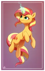 Size: 1200x1900 | Tagged: safe, artist:luminousdazzle, derpibooru import, sunset shimmer, pony, unicorn, friendship is magic, female, floating, g4, glow, glowing horn, horn, image, mare, png, raised hoof, simple background, smiling, solo