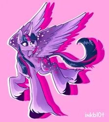 Size: 1234x1381 | Tagged: safe, artist:inkbl0t, derpibooru import, alicorn, pony, chest fluff, coat markings, colored hooves, colored wings, curved horn, dappled, horn, image, jpeg, large cutie mark, multicolored tail, raised hoof, redesign, solo, spots, spread wings, tail, unshorn fetlocks, wings