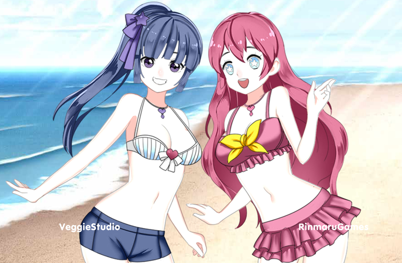 Size: 1579x1036 | Tagged: safe, derpibooru import, pinkie pie, twilight sparkle, human, anime, beach, big breasts, bow, breasts, busty pinkie pie, busty twilight sparkle, clothes, doll divine, hair accessory, hair bow, heart necklace, human coloration, image, jpeg, looking at you, miniskirt, shorts, skirt, smiling, smiling at you, starry eyes, striped swimsuit, swimsuit, wingding eyes