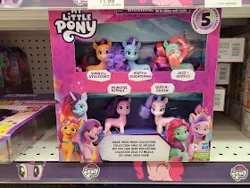 Size: 280x210 | Tagged: safe, derpibooru import, pinkie pie, pipp petals, queen haven, sunny starscout, twilight sparkle, earth pony, pegasus, pony, unicorn, g5, brushable, ears, image, jazz hooves, jazz hooves has ears!, jpeg, misty brightdawn, my little pony logo, toy, toys r us