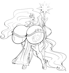 Size: 5000x5244 | Tagged: suggestive, artist:freehdmcgee, derpibooru import, princess celestia, alicorn, anthro, unguligrade anthro, big breasts, bra, breasts, busty princess celestia, clothes, commission, crown, ethereal mane, hooves, horn, huge breasts, hyper, hyper breasts, image, impossibly large breasts, impossibly wide hips, jewelry, large butt, leggings, lineart, loincloth, long nails, looking at you, png, regalia, ribbon, smiling, smiling at you, solo, staff, standing, underwear, wide hips, wings