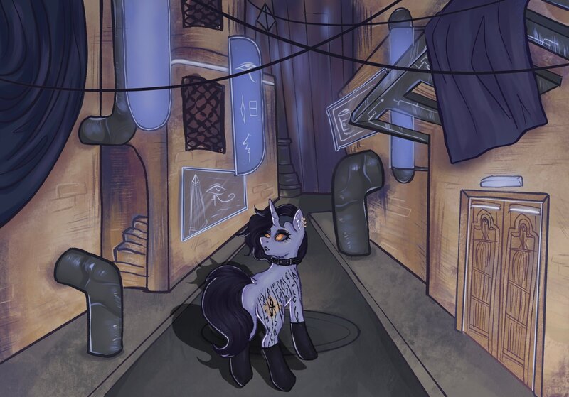 Size: 2388x1668 | Tagged: safe, artist:princeling, derpibooru import, oc, oc:tansha, pony, unicorn, brick wall, clothes, collar, cyberpunk, door, ear piercing, egyptian, egyptian pony, image, jpeg, neon, piercing, pipe, setting: neo somnambula, socks, solo, stairs, stockings, tattoo, thigh highs