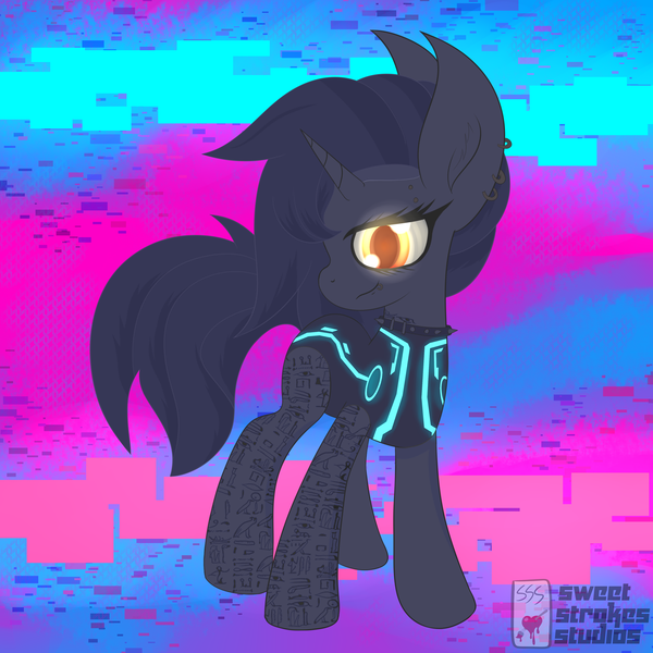 Size: 4000x4000 | Tagged: safe, artist:sweetstrokesstudios, derpibooru import, oc, oc:tansha, pony, unicorn, clothes, collar, cyberpunk, ear piercing, glow, glowing eyes, hieroglyphics, image, leotard, lip piercing, piercing, png, setting: neo somnambula, shadow, solo, tattoo, variant