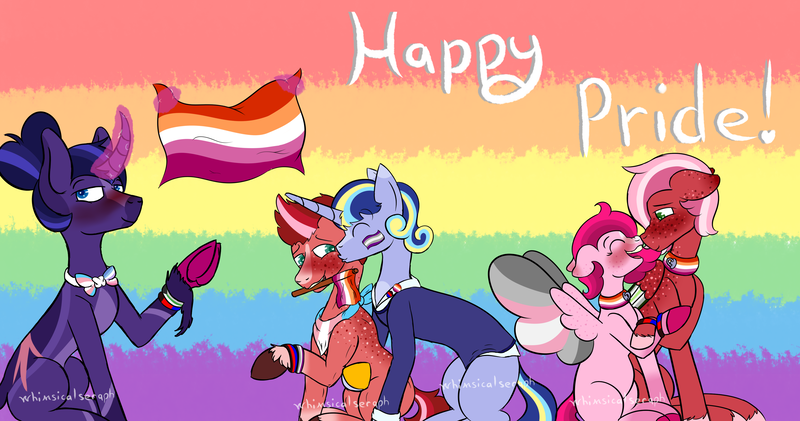 Size: 3800x2000 | Tagged: safe, artist:whimsicalseraph, derpibooru import, oc, oc:blacklight bulb, oc:cherry turnover, oc:curlicue, oc:raspberry sorbet, oc:strawberry syrup, unofficial characters only, earth pony, pegasus, pony, unicorn, agender pride flag, bandana, bigender pride flag, bowtie, colored wings, curved horn, demigirl pride flag, demiromantic pride flag, female, floppy ears, freckles, greysexual pride flag, horn, image, incest, lesbian, lesbian pride flag, magic, missing cutie mark, png, polyamory pride flag, pride, pride flag, pride month, pride ponies, siblings, spread wings, telekinesis, trans female, transgender, transgender pride flag, twincest, twins, unshorn fetlocks, wings