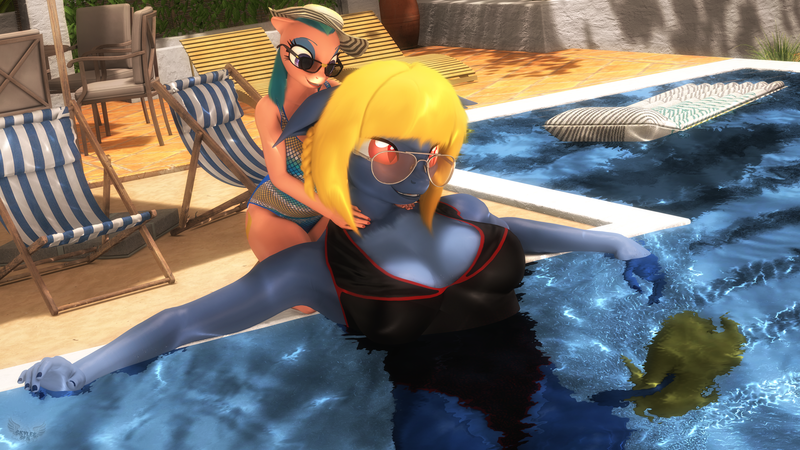 Size: 3840x2160 | Tagged: safe, artist:skyleesfm, derpibooru import, somnambula, oc, oc:pietas lazuli, anthro, pegasus, sphinx, 3d, clothes, image, oc:, png, size difference, source filmmaker, swimming pool, swimsuit