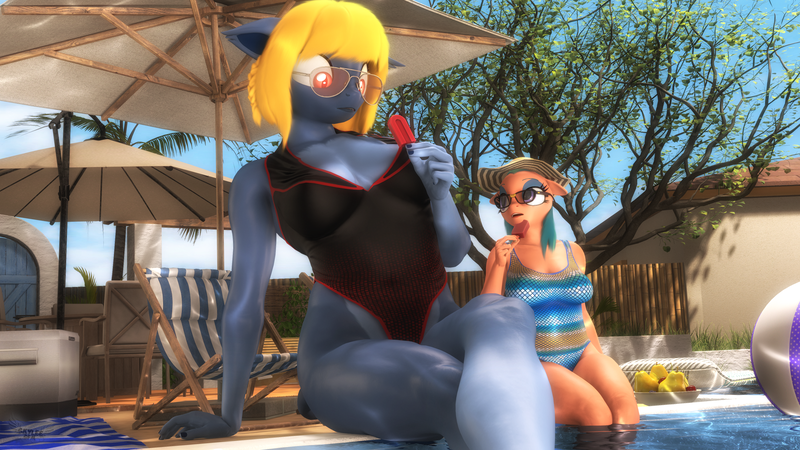 Size: 3840x2160 | Tagged: safe, artist:skyleesfm, derpibooru import, somnambula, oc, oc:pietas lazuli, anthro, pegasus, sphinx, 3d, clothes, food, fruit, ice cream, image, oc:, png, size difference, source filmmaker, sunglasses, sunscreen, swimming pool, swimsuit