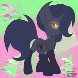 Size: 4000x4000 | Tagged: safe, artist:sweetstrokesstudios, derpibooru import, oc, oc:tansha, pony, unicorn, clothes, collar, cyberpunk, ear piercing, female, glow, glowing eyes, hieroglyphics, image, lip piercing, mare, piercing, png, setting: neo somnambula, socks, solo, stockings, tattoo, thigh highs, variant