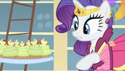 Size: 2160x1214 | Tagged: safe, derpibooru import, screencap, rarity, pegasus, pony, a bird in the hoof, alternate hairstyle, beautiful, clothes, cupcake, dress, food, gala dress, gown, image, jewelry, jpeg, nervous, scared, solo, sugarcube corner, tiara, tray