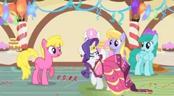 Size: 1483x824 | Tagged: safe, derpibooru import, screencap, rarity, pegasus, pony, a bird in the hoof, alternate hairstyle, background pony, balloon, banner, beautiful, cake, clothes, dress, eyes closed, food, gala dress, gown, image, jewelry, jpeg, rug, solo, stern, sugarcube corner, table, tiara
