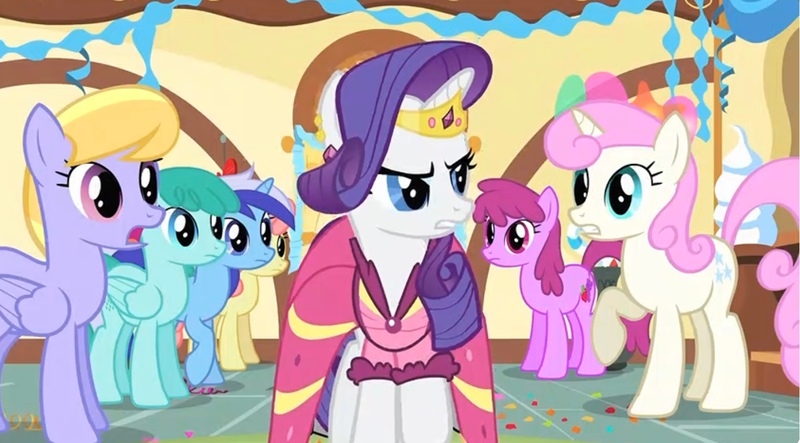 Size: 1478x818 | Tagged: safe, derpibooru import, screencap, rarity, earth pony, pegasus, pony, unicorn, a bird in the hoof, alternate hairstyle, background pony, beautiful, clothes, dress, gala dress, gown, image, jewelry, jpeg, stern, sugarcube corner, tiara