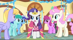 Size: 2160x1195 | Tagged: safe, derpibooru import, screencap, berry punch, berryshine, cloud kicker, gala appleby, minuette, rarity, spring melody, sprinkle medley, twinkleshine, earth pony, pegasus, pony, unicorn, a bird in the hoof, alternate hairstyle, apple family member, background pony, beautiful, clothes, dress, gala dress, gown, image, jpeg, stern, sugarcube corner