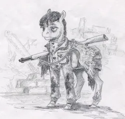 Size: 787x748 | Tagged: safe, artist:adeptus-monitus, derpibooru import, oc, unofficial characters only, pegasus, pony, bags under eyes, clothes, gun, image, jpeg, rifle, soldier pony, solo, tired, torn clothes, uniform, weapon