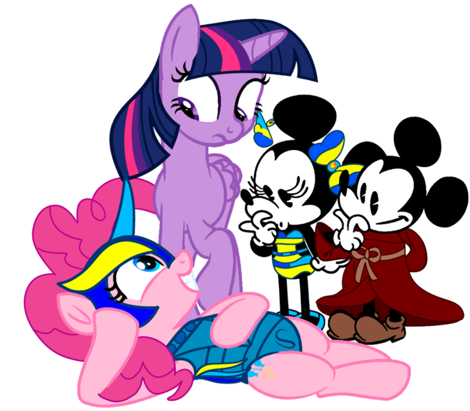 Size: 956x836 | Tagged: safe, artist:fanvideogames, derpibooru import, pinkie pie, twilight sparkle, armor, armored pony, crossover, disney, female, image, lying down, male, mickey mouse, minnie mouse, png