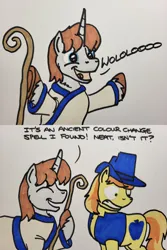 Size: 2048x3072 | Tagged: safe, artist:hoofclid, derpibooru import, braeburn, oc, oc:hoofclid, earth pony, pony, unicorn, age of empires, canon x oc, clothes, dialogue, duo, eyes closed, gay, gritted teeth, image, looking back, male, open mouth, open smile, palette swap, png, recolor, robe, shipping, smiling, staff, stallion, teeth, traditional art, wololo