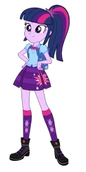 Size: 1920x3840 | Tagged: safe, artist:invisibleink, derpibooru import, edit, vector edit, twilight sparkle, human, equestria girls, backpack, boots, bowtie, clothes, crystal necklace, cutie mark, cutie mark on clothes, eyebrows, female, geode of telekinesis, hand on hip, high res, image, magical geodes, pleated skirt, png, ponytail, shoes, simple background, skirt, smiling, socks, solo, transparent background, vector