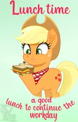 Size: 1150x1788 | Tagged: safe, artist:theretroart88, derpibooru import, part of a set, applejack, earth pony, pony, applejack's hat, cowboy hat, cute, eating, female, food, freckles, gradient background, green background, hat, image, jackabetes, mare, movie accurate, png, sandwich, signature, simple background, solo, text, tongue out