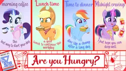 Size: 5120x2880 | Tagged: safe, artist:theretroart88, derpibooru import, part of a set, applejack, rainbow dash, rarity, twilight sparkle, twilight sparkle (alicorn), alicorn, earth pony, pegasus, pony, unicorn, bathrobe, blowing, bread, burger, cake, cheek bulge, clothes, coffee, coffee mug, coffee pot, croissant, cup, cute, dashabetes, diamond, drink, drinking, eating, english, female, folded wings, food, freckles, glow, glowing horn, gradient background, green background, hay burger, horn, image, jackabetes, levitation, looking down, magic, magic aura, mare, movie accurate, mug, pizza, plate, png, poster, raribetes, robe, sandwich, signature, simple background, solo, steam, telekinesis, text, tongue out, twiabetes, twilight burgkle, wall of tags, wallpaper, wing hands, wing hold, wings