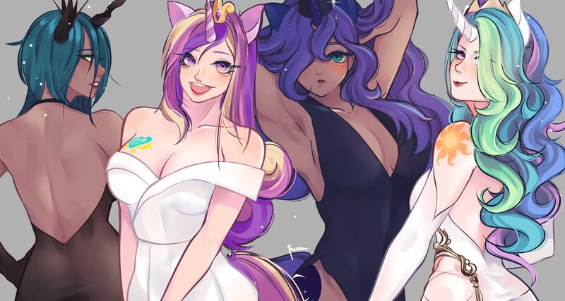 Size: 4096x2185 | Tagged: suggestive, artist:suracao, derpibooru import, princess cadance, princess celestia, princess luna, queen chrysalis, human, absolute cleavage, alternative cutie mark placement, arm behind head, armpits, backless, boobie mark, breasts, busty princess cadance, busty princess celestia, busty princess luna, busty queen chrysalis, cleavage, clothes, dress, eared humanization, evening gloves, female, females only, gloves, gray background, hair over one eye, hand on hip, horn, horned humanization, humanized, image, jpeg, long gloves, looking at you, looking back, looking back at you, off shoulder, open mouth, open smile, shoulder cutie mark, simple background, smiling, smiling at you