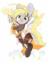 Size: 1608x2048 | Tagged: safe, artist:bubbletea, derpibooru import, derpy hooves, pegasus, pony, alternate hairstyle, beanbrows, clothes, cosplay, costume, cute, derpabetes, eyebrows, eyebrows visible through hair, female, heart, heart eyes, hoof hold, image, jpeg, mare, mercy, open mouth, open smile, overwatch, ponytail, simple background, smiling, solo, spread wings, staff, white background, wingding eyes, wings