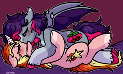 Size: 1944x1173 | Tagged: suggestive, artist:sexygoatgod, derpibooru import, oc, oc:sunrise deck, oc:sunset harvest, unofficial characters only, bat pony, pony, unicorn, adoptable, drool, female, floppy ears, image, kissing, lesbian, making out, mare, png