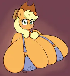 Size: 1082x1164 | Tagged: suggestive, artist:taurson, derpibooru import, applejack, anthro, absolute cleavage, big breasts, blushing, boob freckles, braless, breasts, busty applejack, chest freckles, cleavage, clothes, female, freckles, huge breasts, hyper, hyper breasts, image, imminent wardrobe malfunction, impossibly large breasts, jpeg, looking at you, naked overalls, no underwear, overalls, solo, solo female, tight clothing