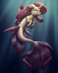 Size: 1600x2000 | Tagged: safe, artist:zetamad, derpibooru import, rarity, pony, seapony (g4), unicorn, blue background, blue mane, blue tail, crepuscular rays, digital art, dorsal fin, eyes closed, female, fin, fins, fish tail, flowing mane, flowing tail, happy, high res, horn, image, mare, newbie artist training grounds, ocean, png, seaponified, seapony rarity, signature, simple background, solo, species swap, sunlight, swimming, tail, underwater, water